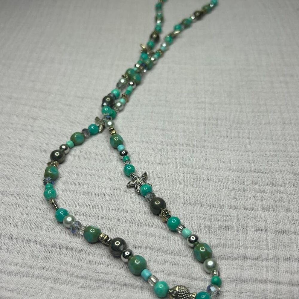 Nautical Turquoise Beaded Strand Necklace Sea Star Fish Charms
